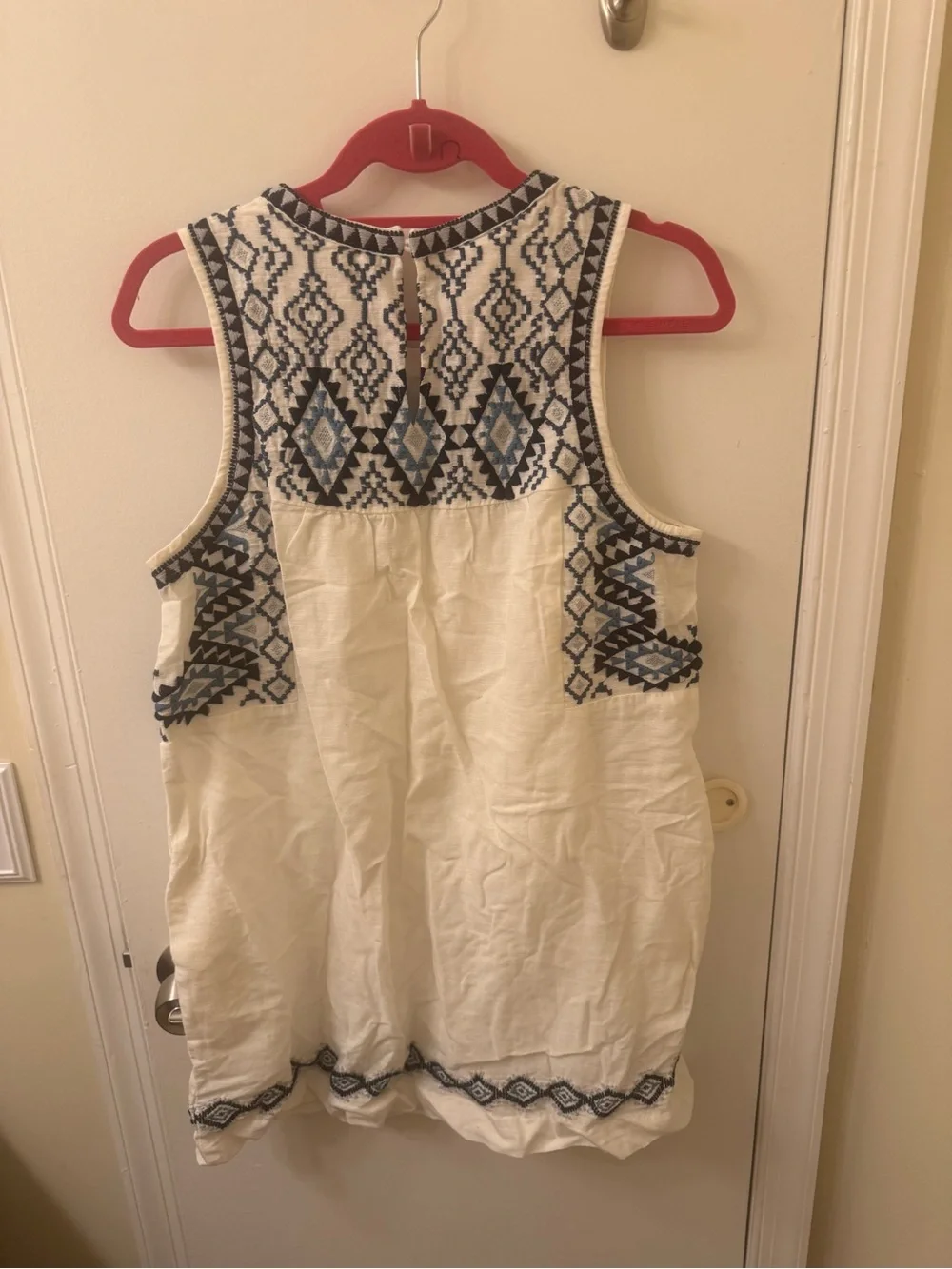 NWOT Lucky Brand Cream dress with Blue Geometric Embroidery - Picture 7 of 7